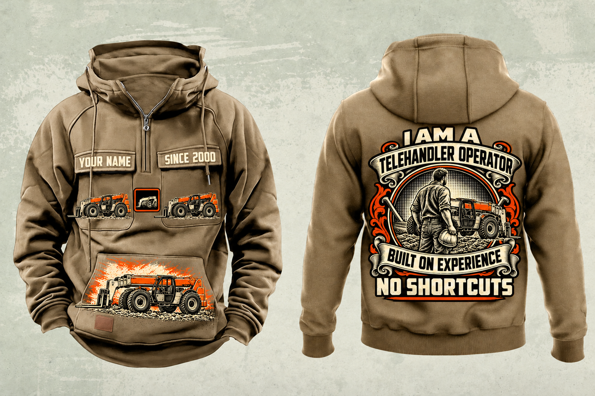 Personalized Genie GTH-1056 Telehandler Vintage Hoodie in kaki, front and back artwork with YOUR NAME and SINCE 2000 sample text.