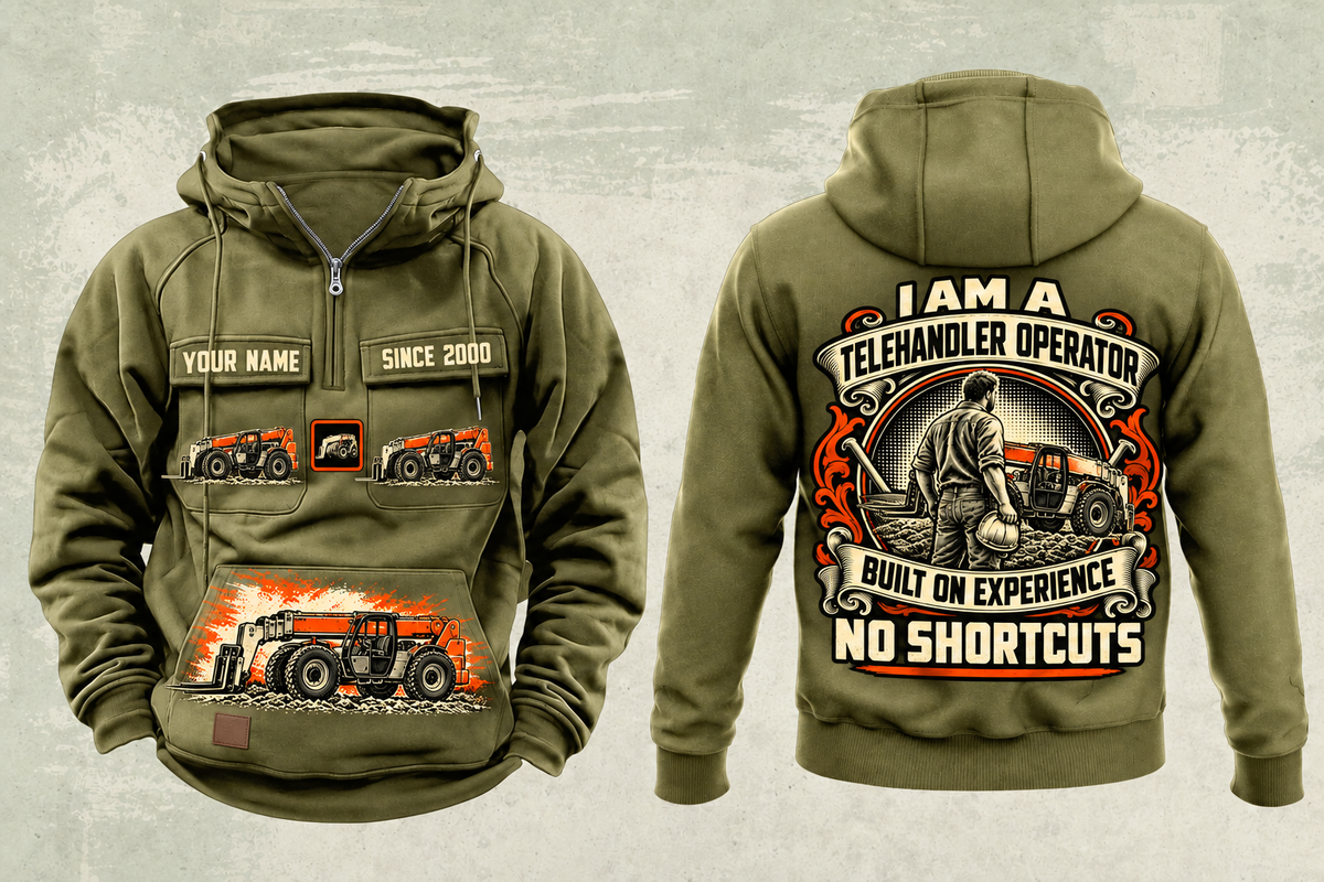 Personalized Genie GTH-1056 Telehandler Vintage Hoodie in military-green, front and back artwork with YOUR NAME and SINCE 2000 sample text.