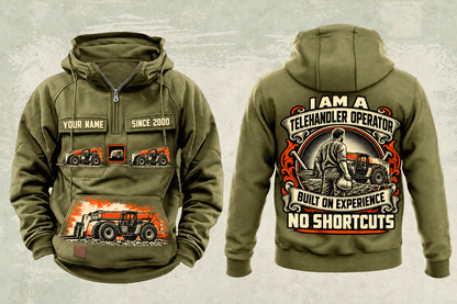Personalized Genie GTH-1056 Telehandler Vintage Hoodie in military-green, front and back artwork with YOUR NAME and SINCE 2000 sample text.