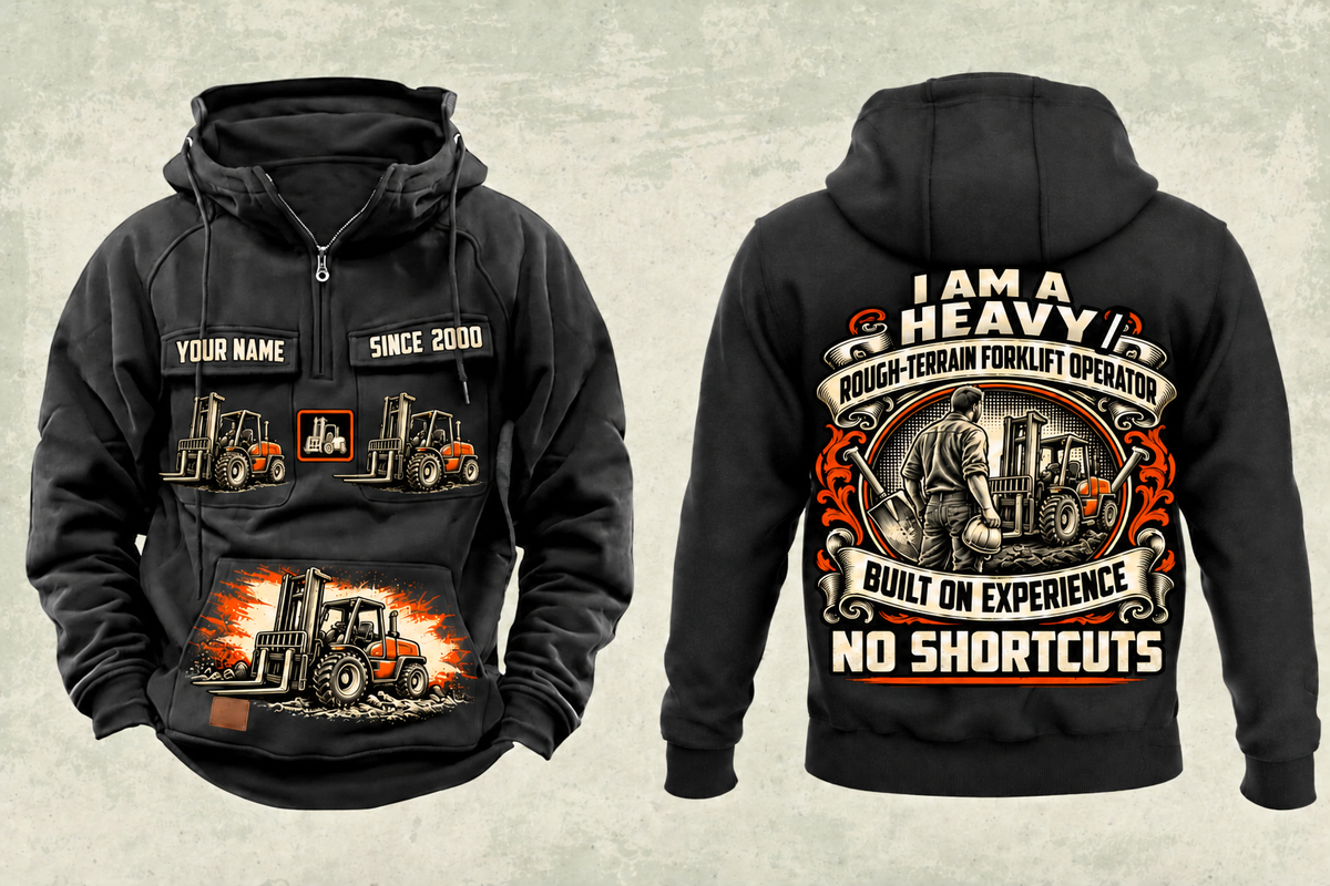 Personalized JCB 930 Rough-Terrain Forklift Vintage Hoodie in black, front and back artwork with YOUR NAME and SINCE 2000 sample text.