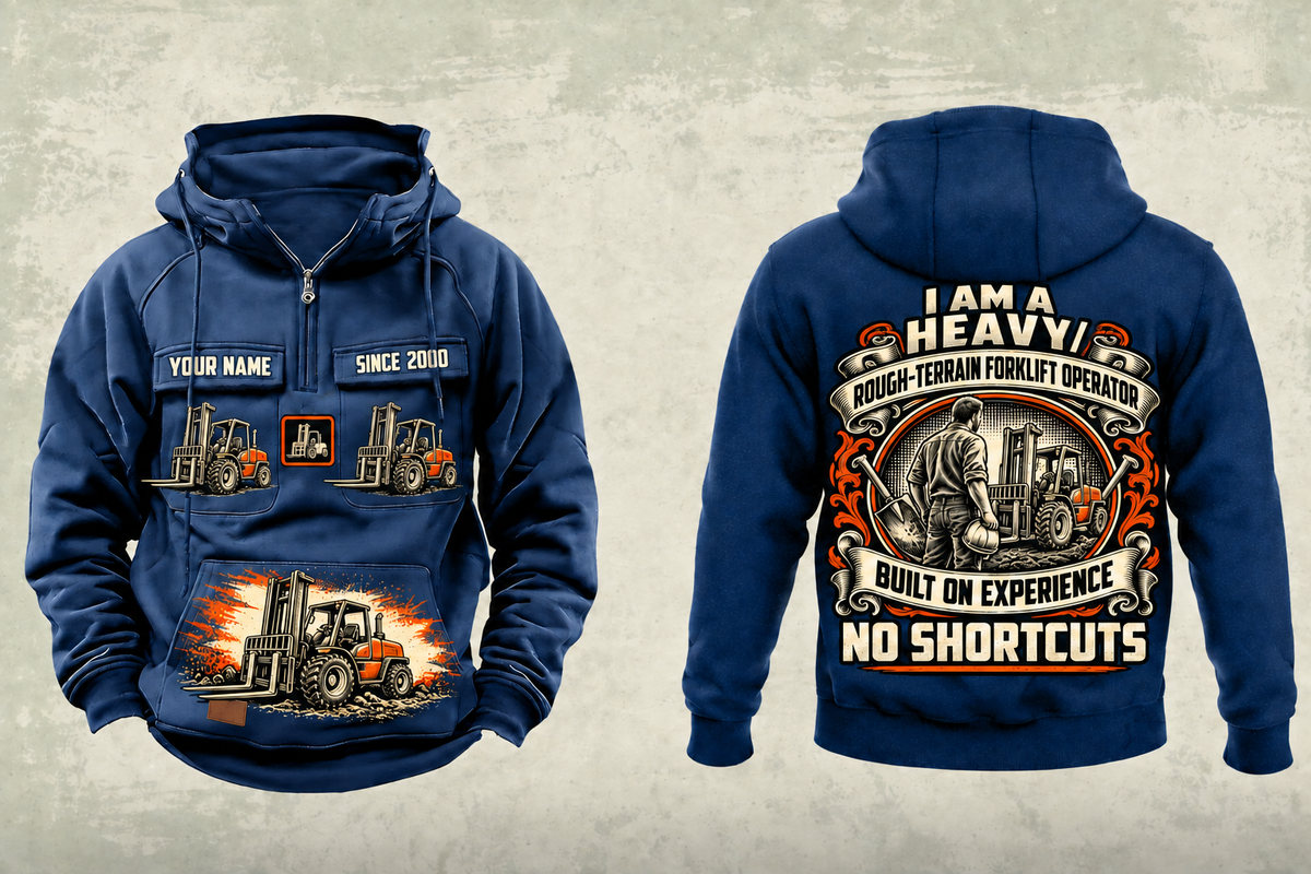 Personalized JCB 930 Rough-Terrain Forklift Vintage Hoodie in dark-blue, front and back artwork with YOUR NAME and SINCE 2000 sample text.