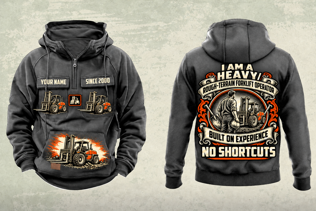Personalized JCB 930 Rough-Terrain Forklift Vintage Hoodie in dark-gray, front and back artwork with YOUR NAME and SINCE 2000 sample text.