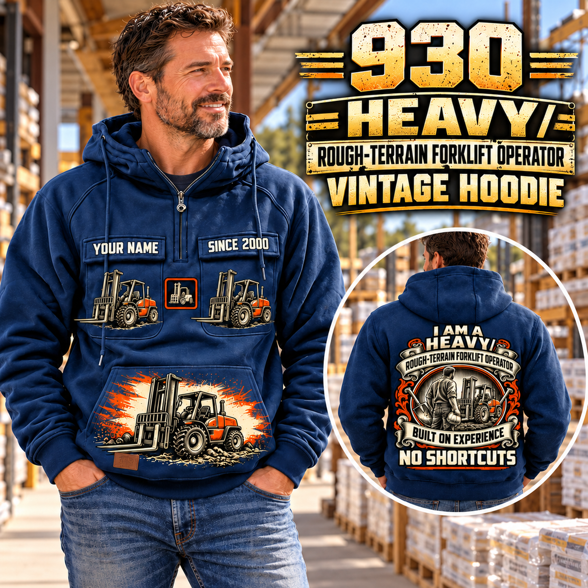 Personalized JCB 930 Rough-Terrain Forklift Vintage Hoodie in Dark Blue, front and back artwork with YOUR NAME and SINCE 2000 sample text.