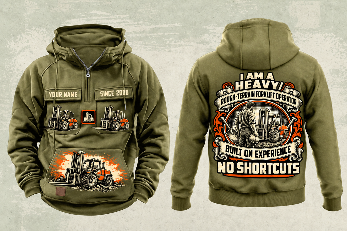 Personalized JCB 930 Rough-Terrain Forklift Vintage Hoodie in military-green, front and back artwork with YOUR NAME and SINCE 2000 sample text.