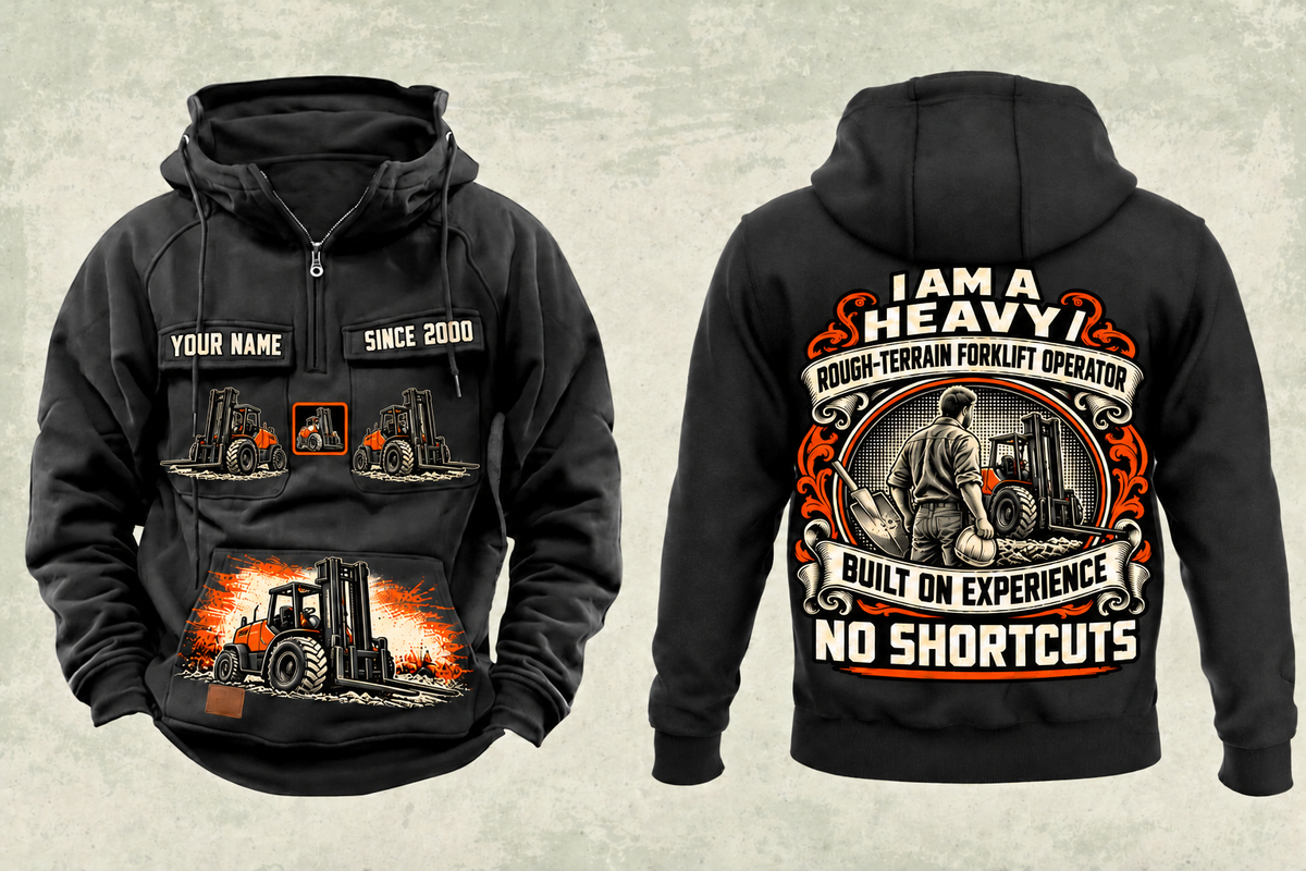 Personalized CASE 588H Rough-Terrain Forklift Vintage Hoodie in black, front and back artwork with YOUR NAME and SINCE 2000 sample text.