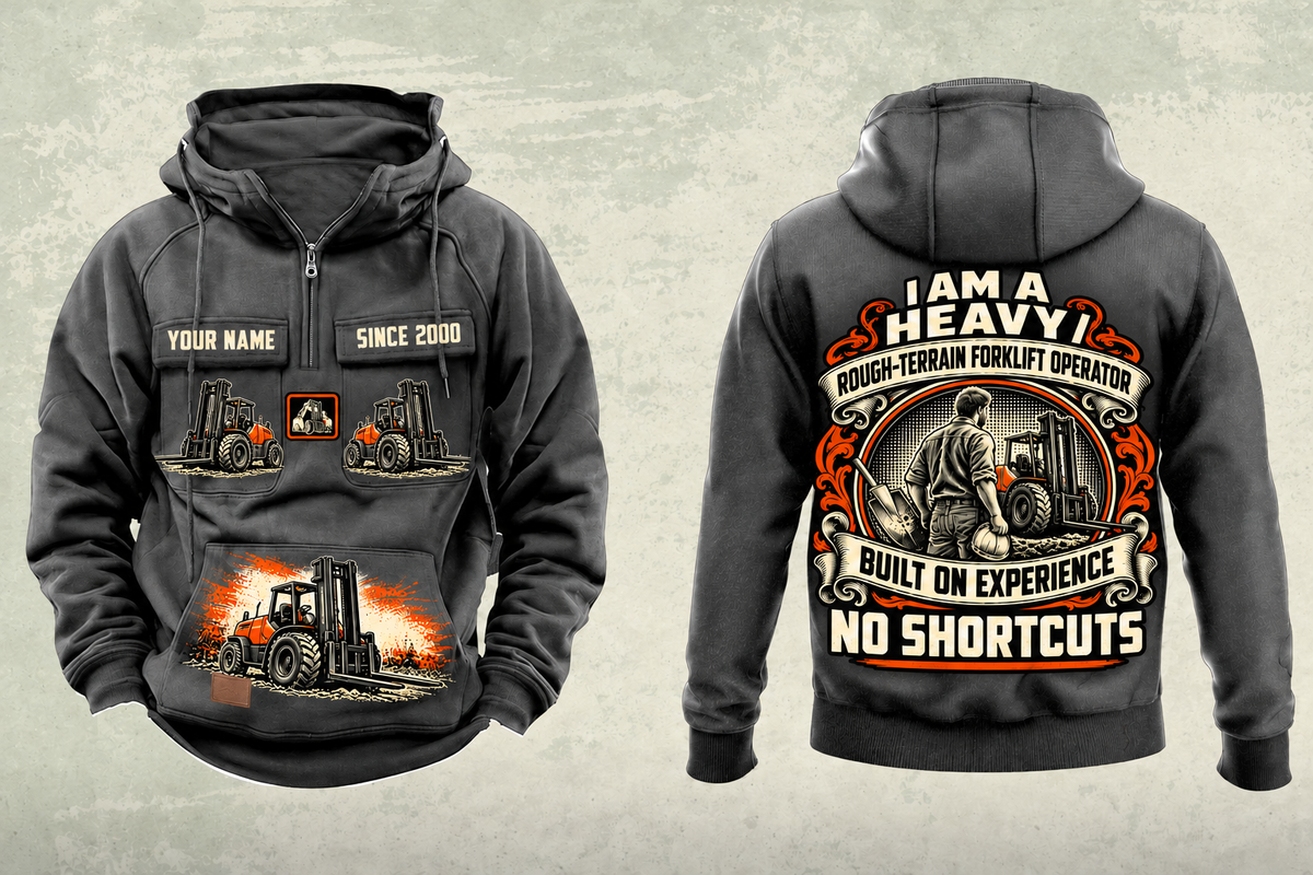 Personalized CASE 588H Rough-Terrain Forklift Vintage Hoodie in dark-gray, front and back artwork with YOUR NAME and SINCE 2000 sample text.