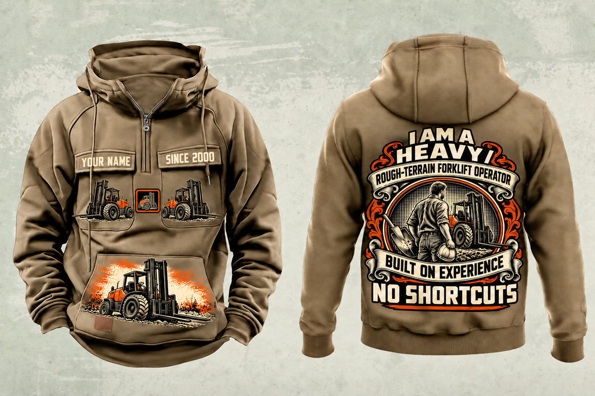 Personalized CASE 588H Rough-Terrain Forklift Vintage Hoodie in kaki, front and back artwork with YOUR NAME and SINCE 2000 sample text.