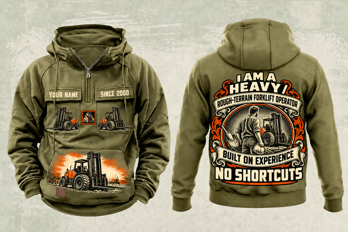 Personalized CASE 588H Rough-Terrain Forklift Vintage Hoodie in military-green, front and back artwork with YOUR NAME and SINCE 2000 sample text.