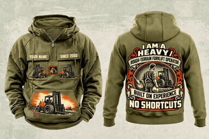 Personalized CASE 588H Rough-Terrain Forklift Vintage Hoodie in military-green, front and back artwork with YOUR NAME and SINCE 2000 sample text.