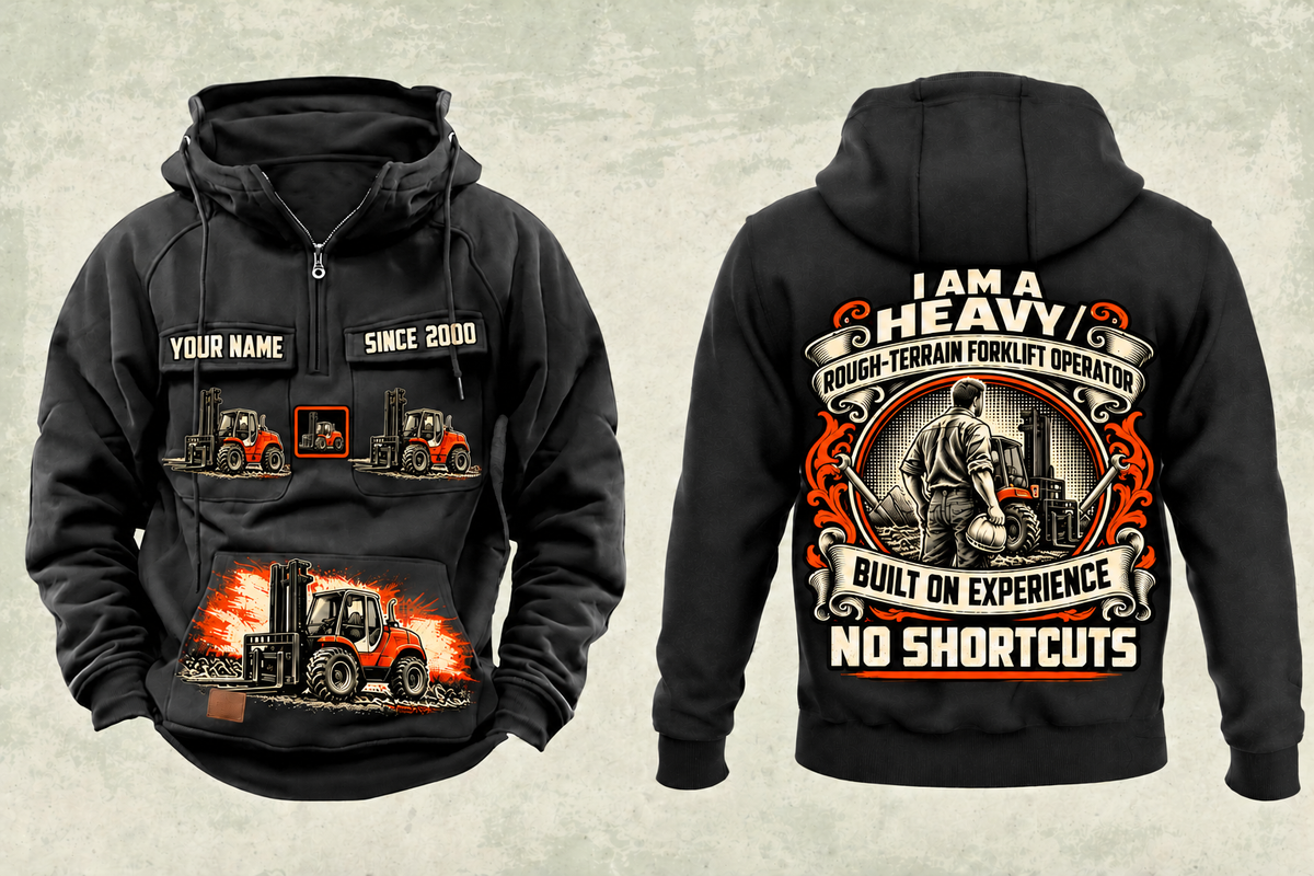 Personalized Manitou M 50-4 Rough-Terrain Forklift Vintage Hoodie in black, front and back artwork with YOUR NAME and SINCE 2000 sample text.