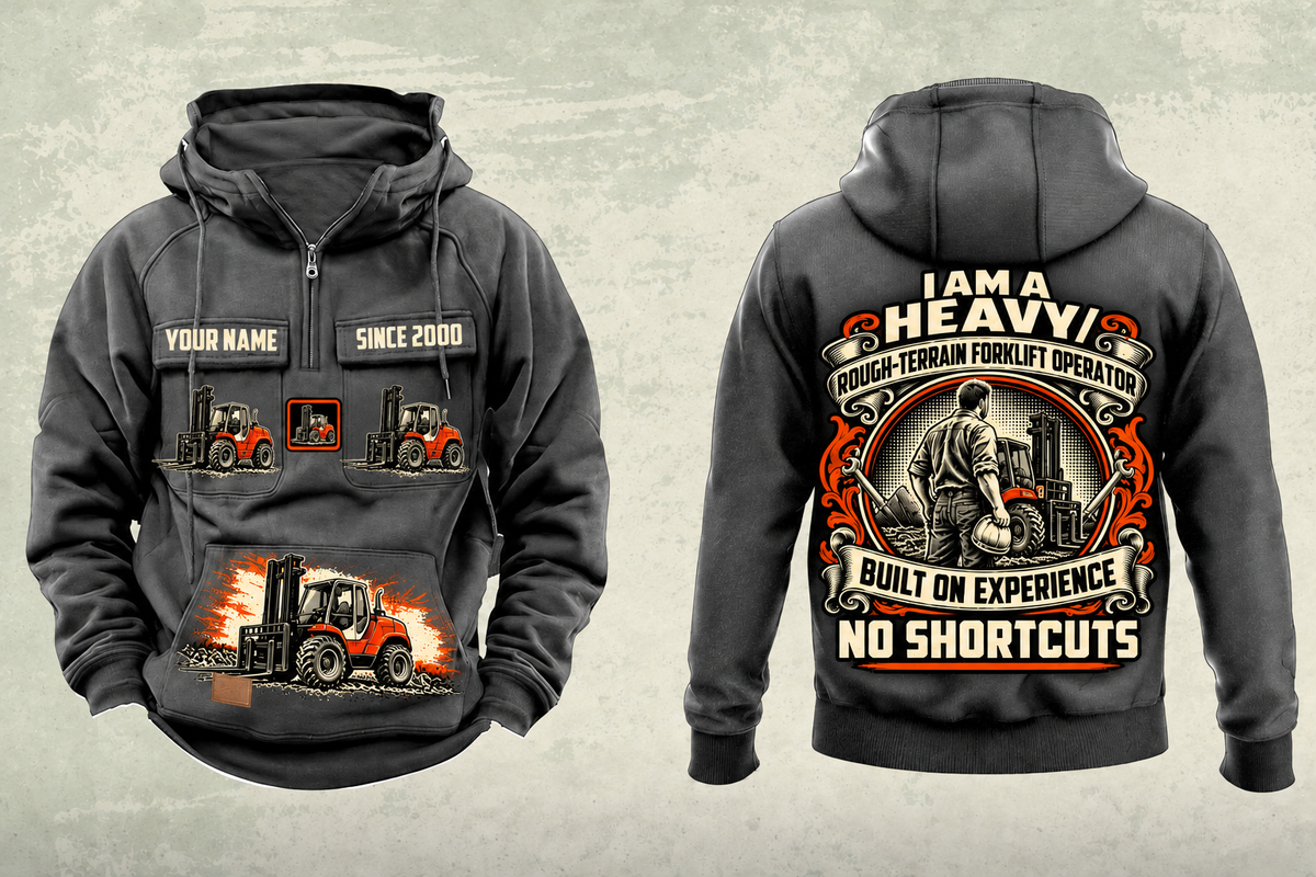 Personalized Manitou M 50-4 Rough-Terrain Forklift Vintage Hoodie in dark-gray, front and back artwork with YOUR NAME and SINCE 2000 sample text.