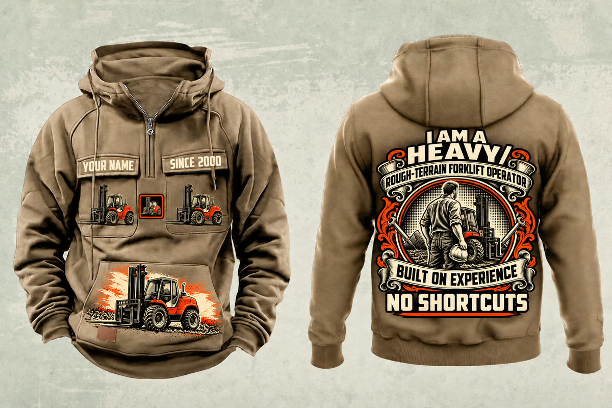 Personalized Manitou M 50-4 Rough-Terrain Forklift Vintage Hoodie in kaki, front and back artwork with YOUR NAME and SINCE 2000 sample text.