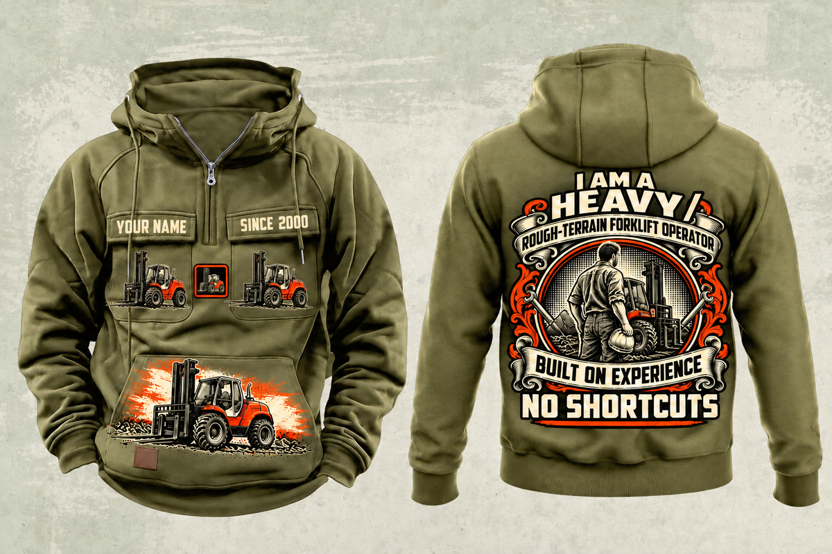 Personalized Manitou M 50-4 Rough-Terrain Forklift Vintage Hoodie in military-green, front and back artwork with YOUR NAME and SINCE 2000 sample text.