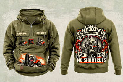 Personalized Manitou M 50-4 Rough-Terrain Forklift Vintage Hoodie in military-green, front and back artwork with YOUR NAME and SINCE 2000 sample text.