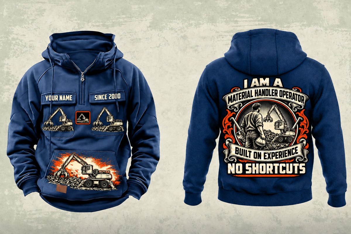 Personalized Sennebogen 825 E Material Handler Vintage Hoodie in dark-blue, front and back artwork with YOUR NAME and SINCE 2000 sample text.