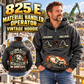 Personalized Sennebogen 825 E Material Handler Vintage Hoodie in Dark Gray, front and back artwork with YOUR NAME and SINCE 2000 sample text.