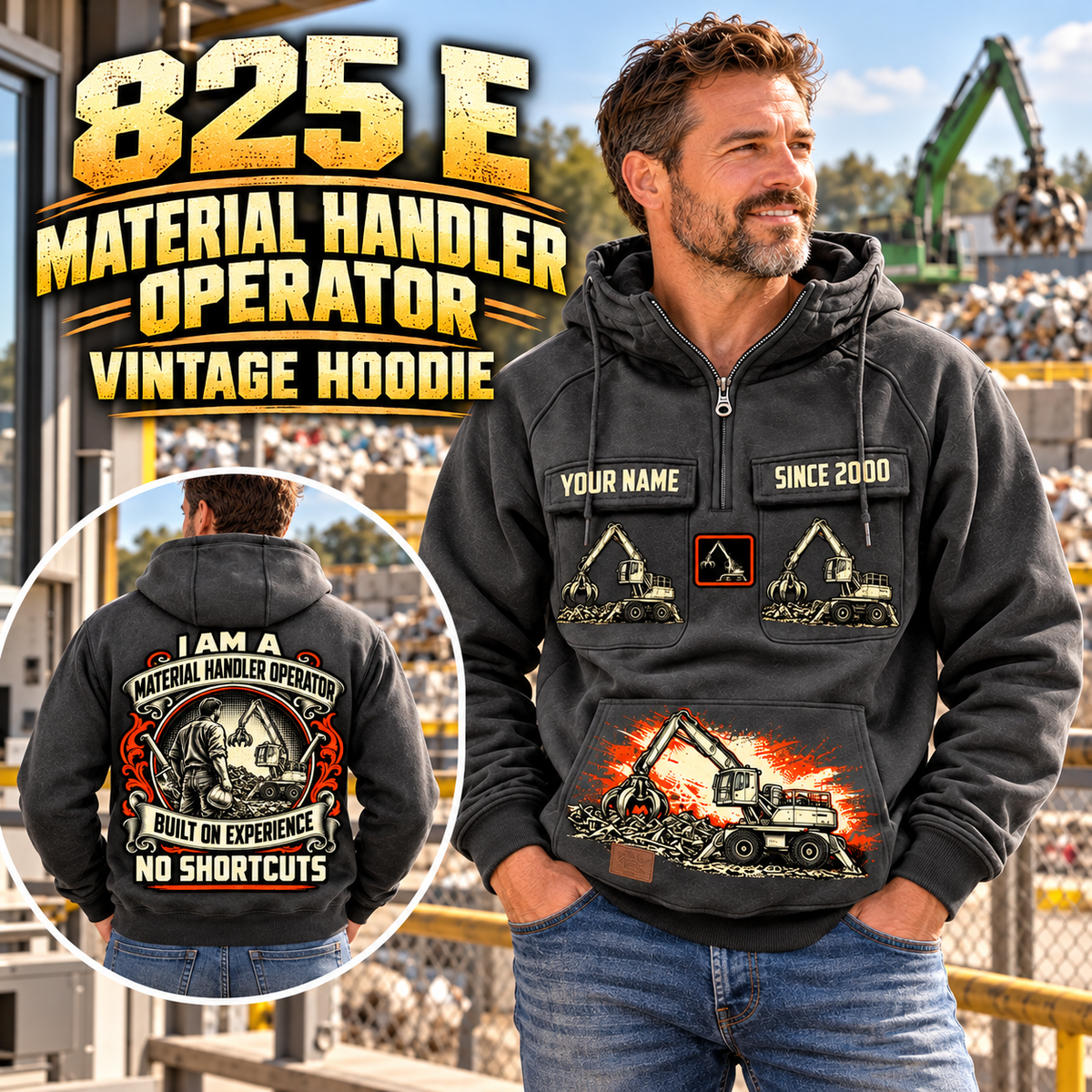 Personalized Sennebogen 825 E Material Handler Vintage Hoodie in Dark Gray, front and back artwork with YOUR NAME and SINCE 2000 sample text.
