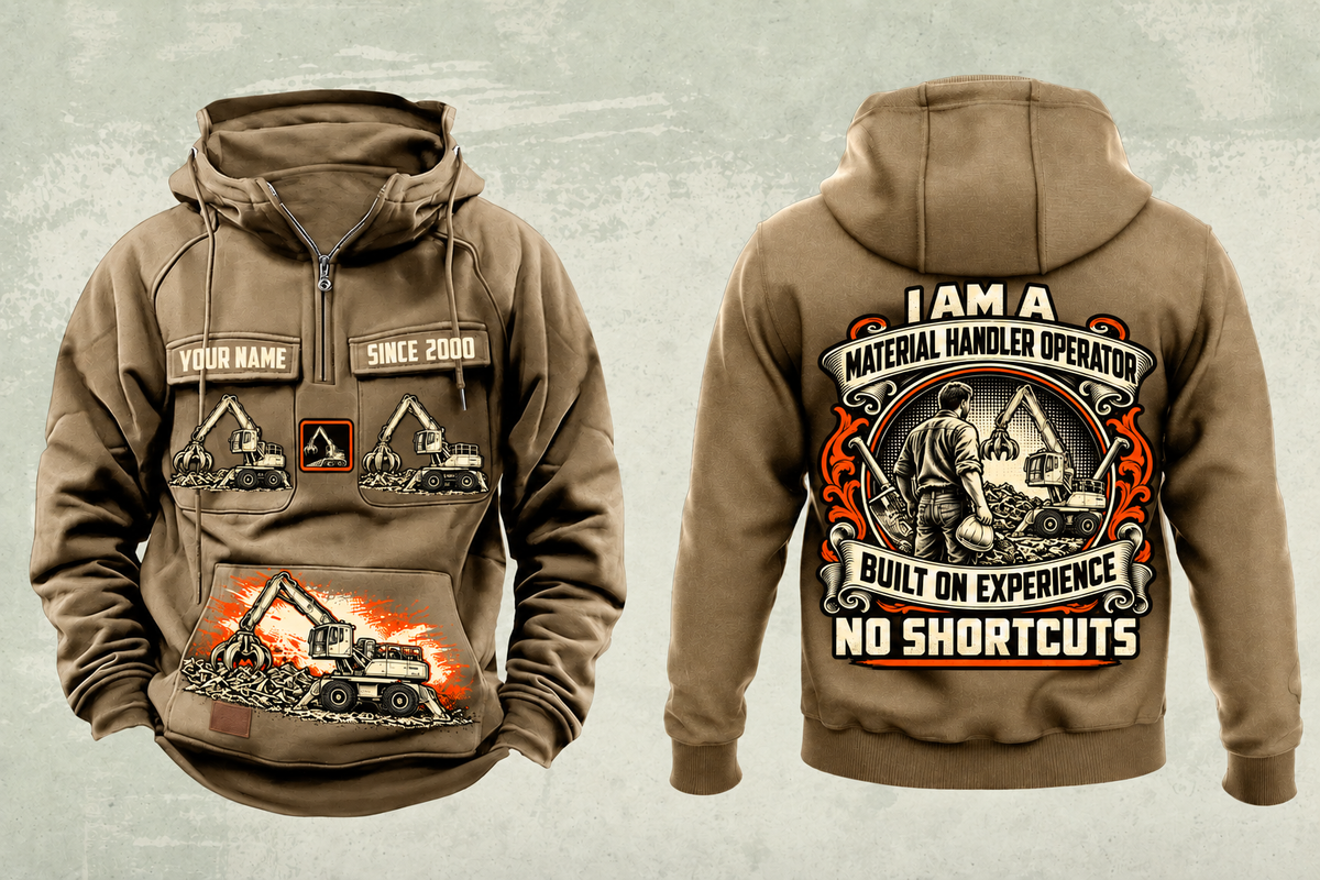 Personalized Sennebogen 825 E Material Handler Vintage Hoodie in kaki, front and back artwork with YOUR NAME and SINCE 2000 sample text.