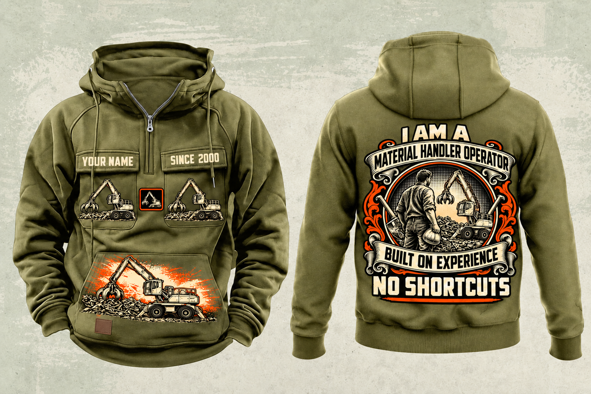 Personalized Sennebogen 825 E Material Handler Vintage Hoodie in military-green, front and back artwork with YOUR NAME and SINCE 2000 sample text.