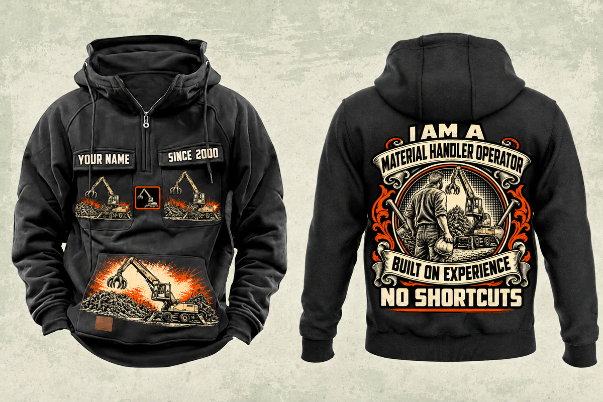 Personalized Sennebogen 830 E Material Handler Vintage Hoodie in black, front and back artwork with YOUR NAME and SINCE 2000 sample text.