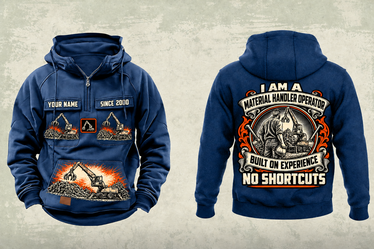 Personalized Sennebogen 830 E Material Handler Vintage Hoodie in dark-blue, front and back artwork with YOUR NAME and SINCE 2000 sample text.