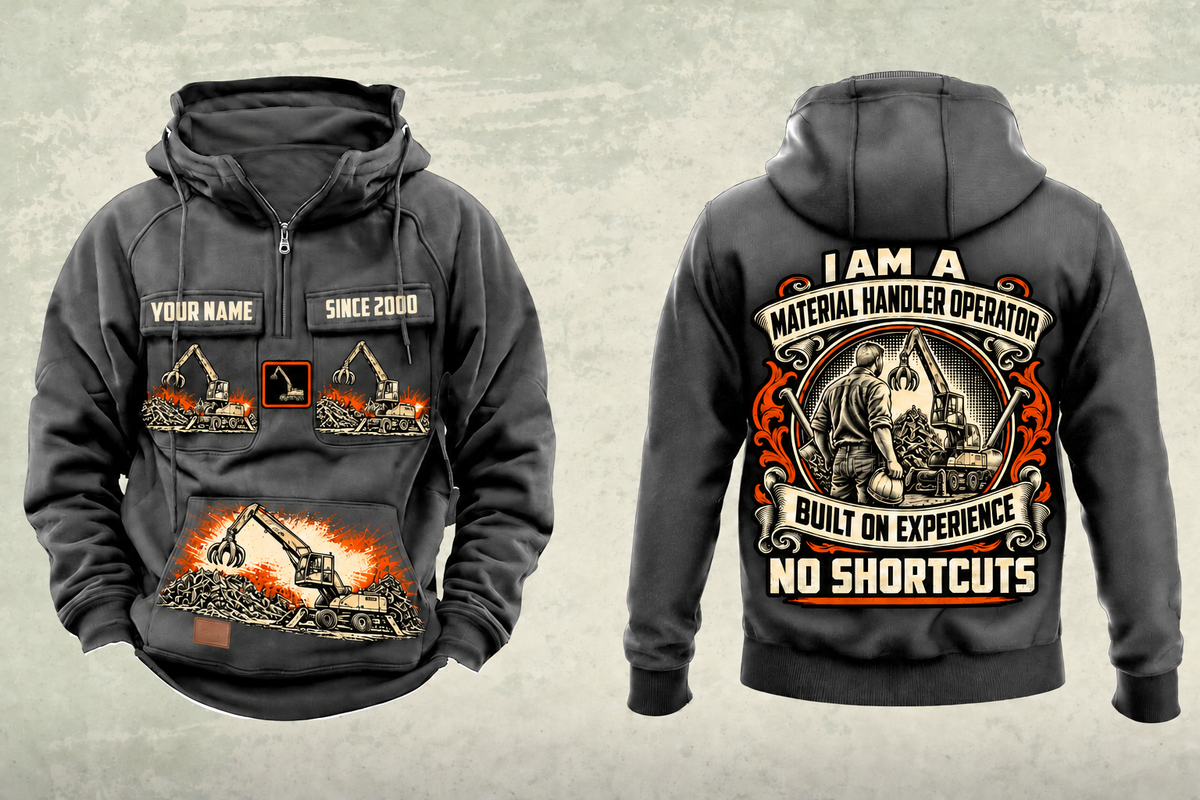Personalized Sennebogen 830 E Material Handler Vintage Hoodie in dark-gray, front and back artwork with YOUR NAME and SINCE 2000 sample text.