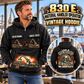 Personalized Sennebogen 830 E Material Handler Vintage Hoodie in Black, front and back artwork with YOUR NAME and SINCE 2000 sample text.