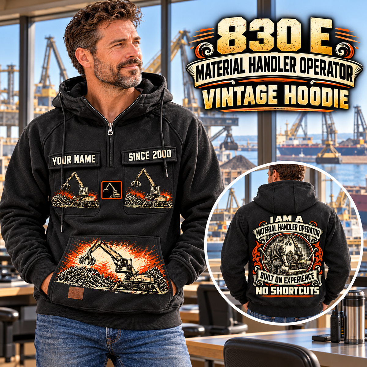 Personalized Sennebogen 830 E Material Handler Vintage Hoodie in Black, front and back artwork with YOUR NAME and SINCE 2000 sample text.