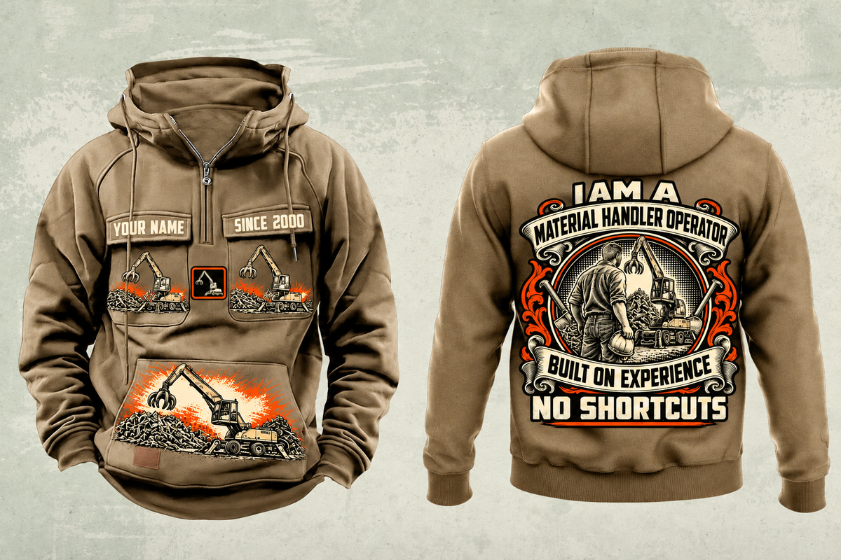 Personalized Sennebogen 830 E Material Handler Vintage Hoodie in kaki, front and back artwork with YOUR NAME and SINCE 2000 sample text.