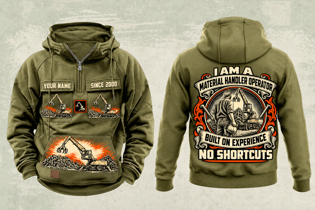 Personalized Sennebogen 830 E Material Handler Vintage Hoodie in military-green, front and back artwork with YOUR NAME and SINCE 2000 sample text.
