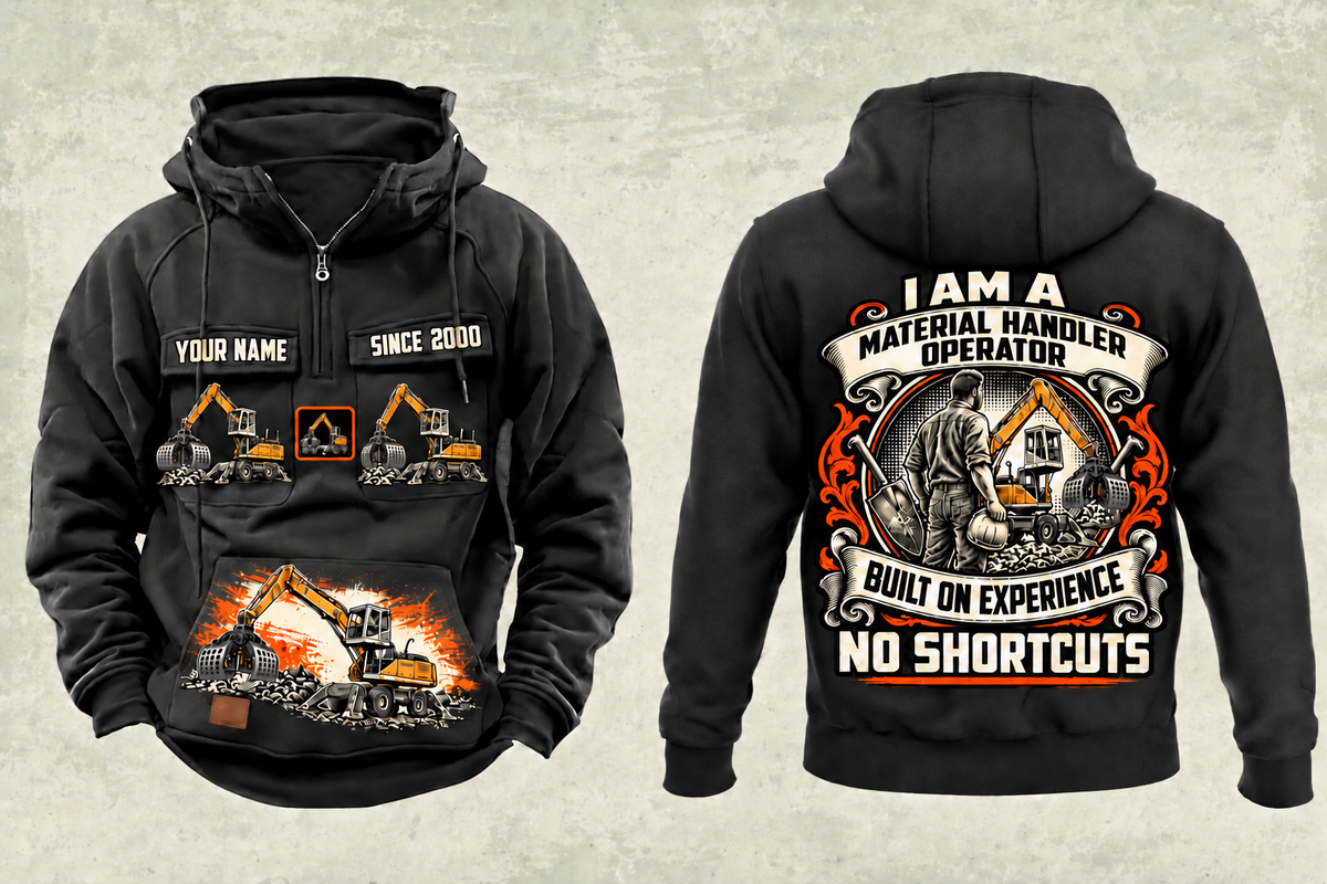 Personalized Liebherr LH 30 M Industry Litronic Material Handler Vintage Hoodie in black, front and back artwork with YOUR NAME and SINCE 2000 sample text.