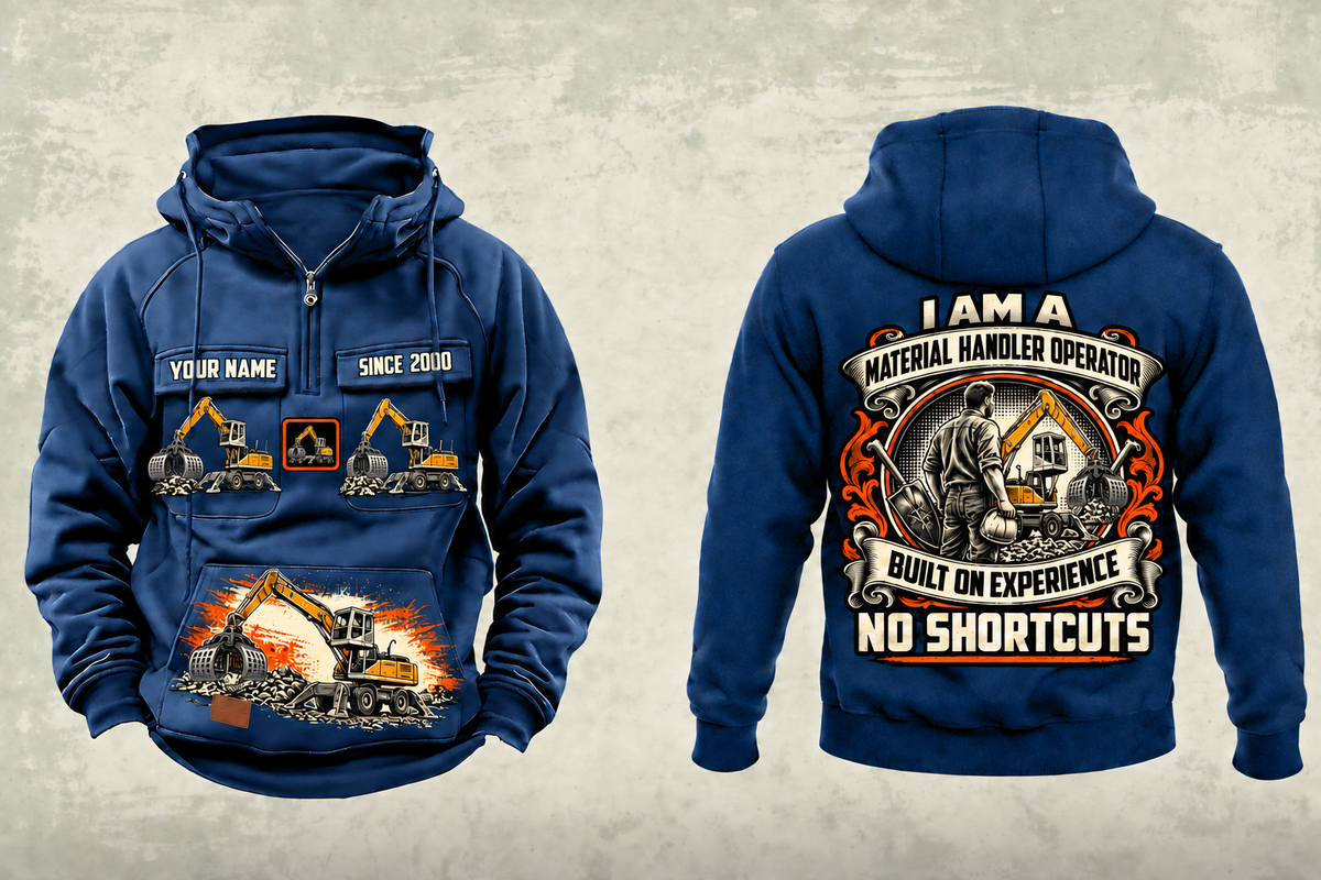 Personalized Liebherr LH 30 M Industry Litronic Material Handler Vintage Hoodie in dark-blue, front and back artwork with YOUR NAME and SINCE 2000 sample text.