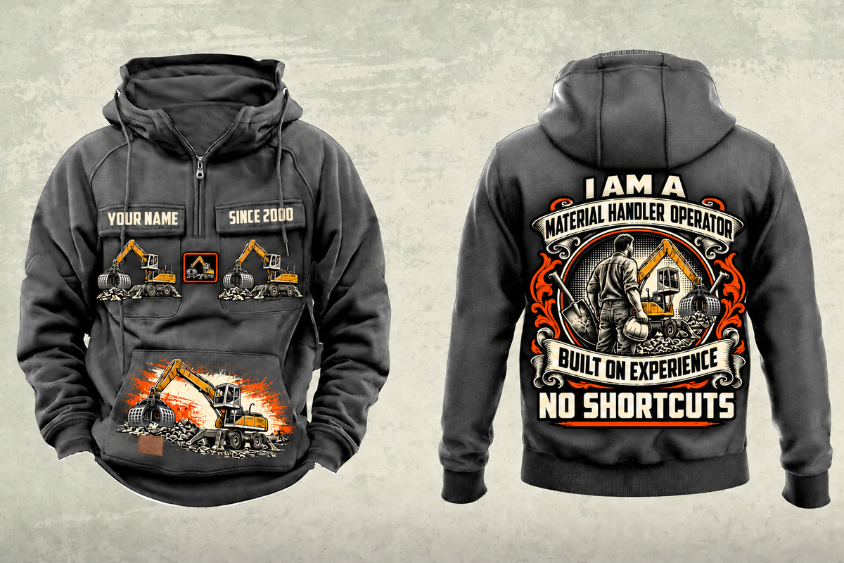 Personalized Liebherr LH 30 M Industry Litronic Material Handler Vintage Hoodie in dark-gray, front and back artwork with YOUR NAME and SINCE 2000 sample text.