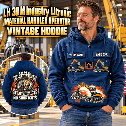 Personalized Liebherr LH 30 M Industry Litronic Material Handler Vintage Hoodie in Dark Blue, front and back artwork with YOUR NAME and SINCE 2000 sample text.