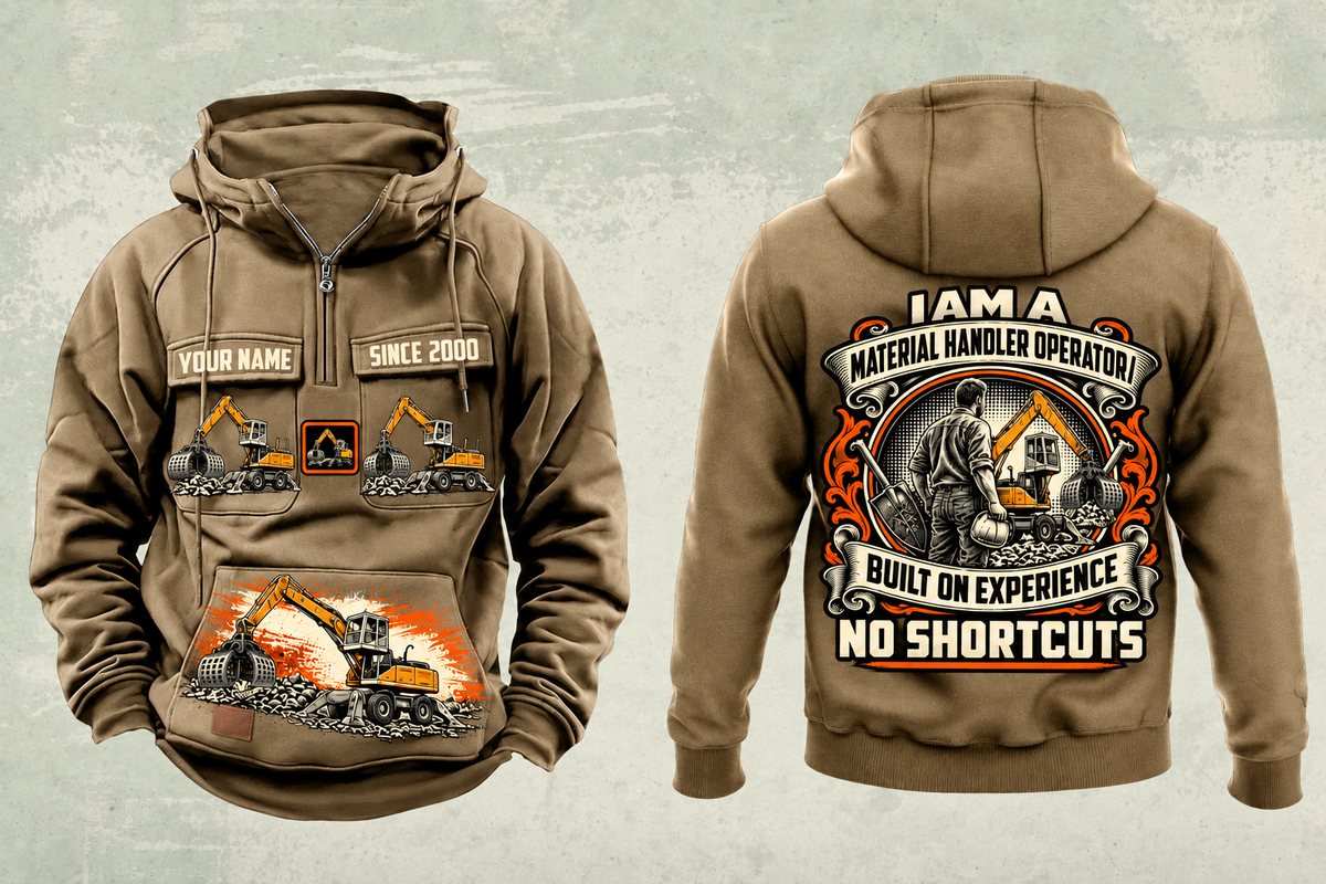 Personalized Liebherr LH 30 M Industry Litronic Material Handler Vintage Hoodie in kaki, front and back artwork with YOUR NAME and SINCE 2000 sample text.