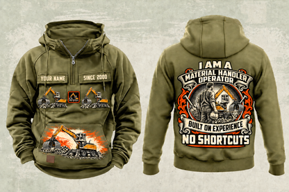 Personalized Liebherr LH 30 M Industry Litronic Material Handler Vintage Hoodie in military-green, front and back artwork with YOUR NAME and SINCE 2000 sample text.