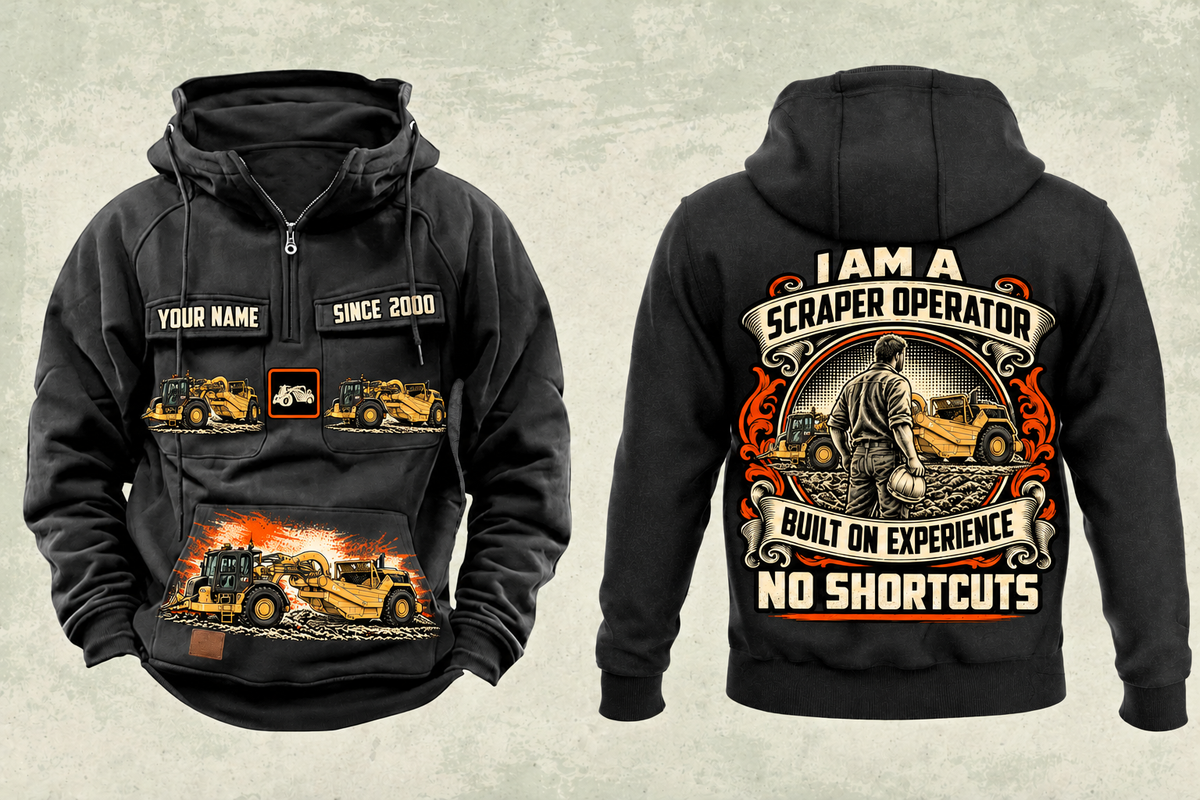 627 Twin-Engine Scraper Operator Vintage Hoodie black, YOUR NAME and SINCE 2000 sample text.