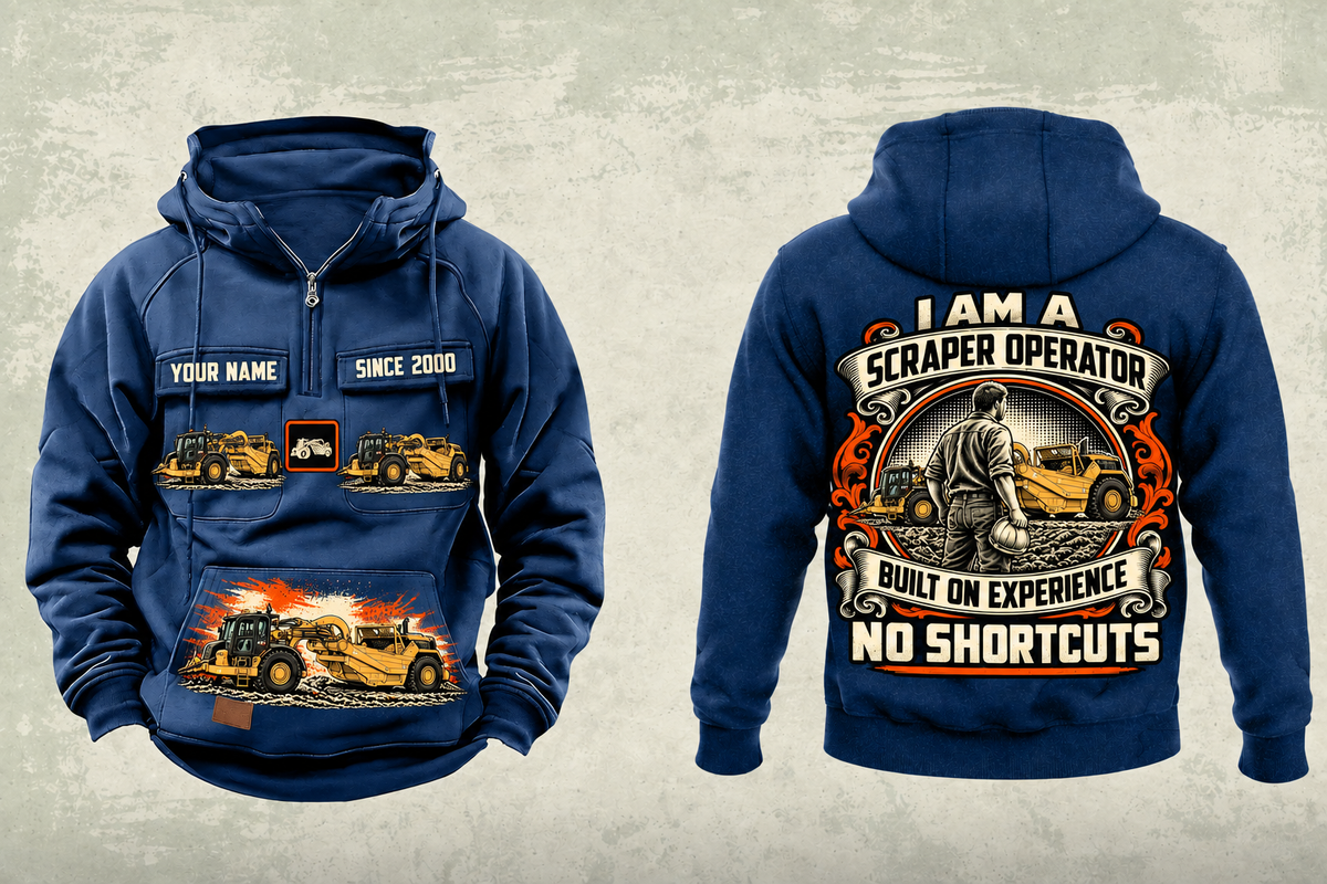 627 Twin-Engine Scraper Operator Vintage Hoodie dark-blue, YOUR NAME and SINCE 2000 sample text.