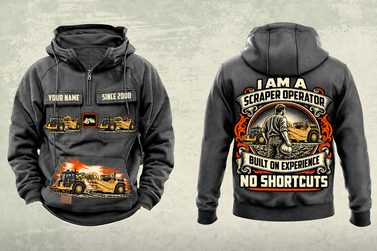 627 Twin-Engine Scraper Operator Vintage Hoodie dark-gray, YOUR NAME and SINCE 2000 sample text.