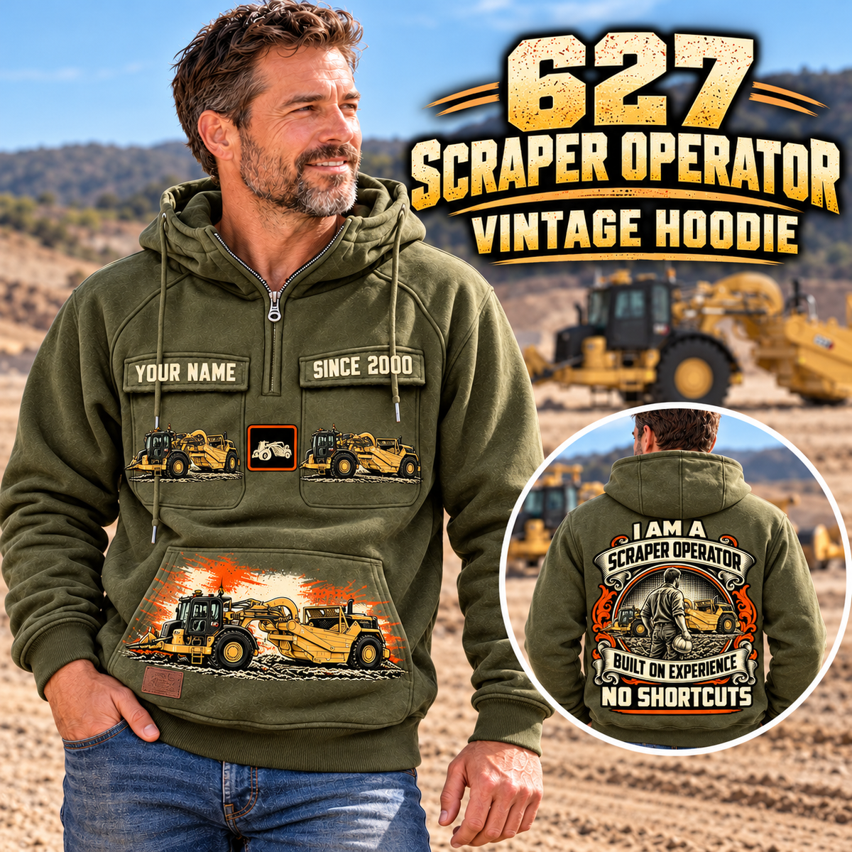 627 Twin-Engine Scraper Operator Vintage Hoodie hero, YOUR NAME and SINCE 2000 sample text.