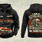 Personalized Putzmeister 36Z-Meter Concrete Pump Vintage Hoodie in black, front and back artwork with YOUR NAME and SINCE 2000 sample text.