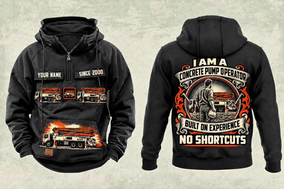 Personalized Putzmeister 36Z-Meter Concrete Pump Vintage Hoodie in black, front and back artwork with YOUR NAME and SINCE 2000 sample text.
