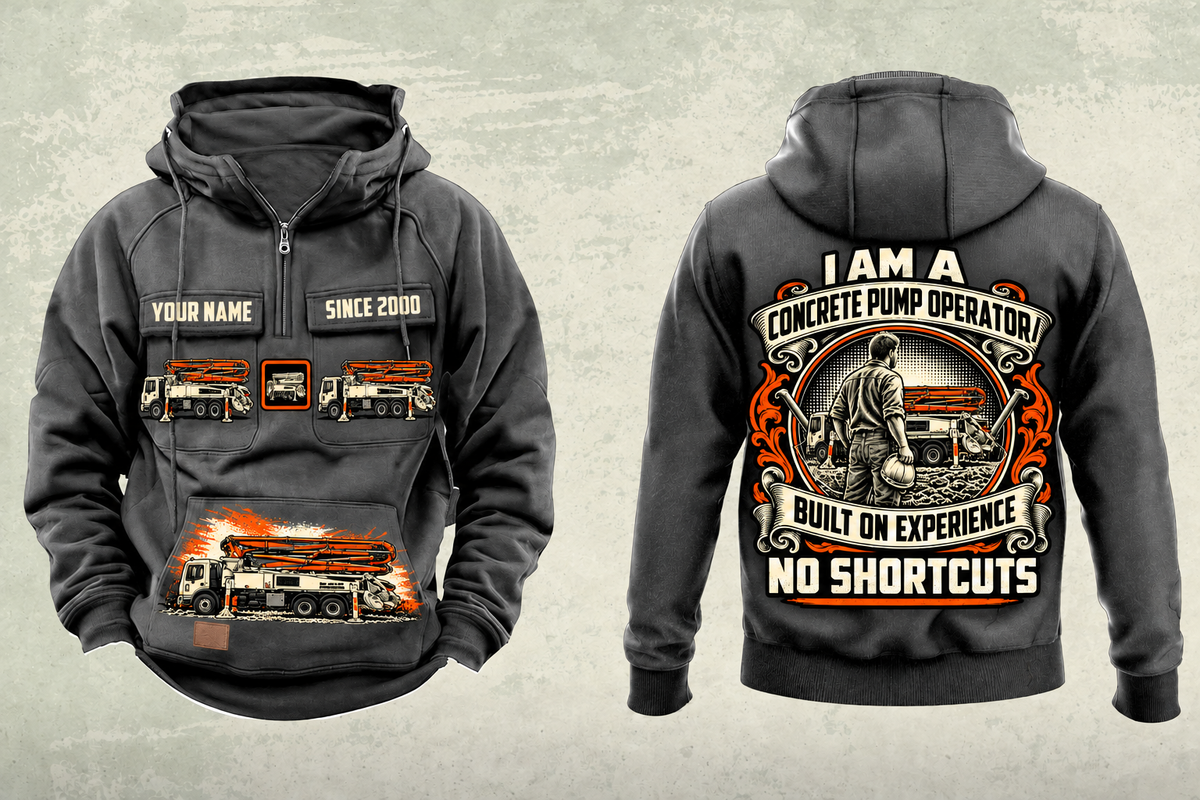 Personalized Putzmeister 36Z-Meter Concrete Pump Vintage Hoodie in dark-gray, front and back artwork with YOUR NAME and SINCE 2000 sample text.