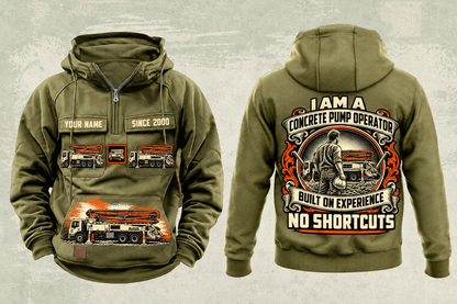 Personalized Putzmeister 36Z-Meter Concrete Pump Vintage Hoodie in military-green, front and back artwork with YOUR NAME and SINCE 2000 sample text.