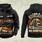 Personalized Putzmeister 38Z-5-Meter Concrete Pump Vintage Hoodie in black, front and back artwork with YOUR NAME and SINCE 2000 sample text.