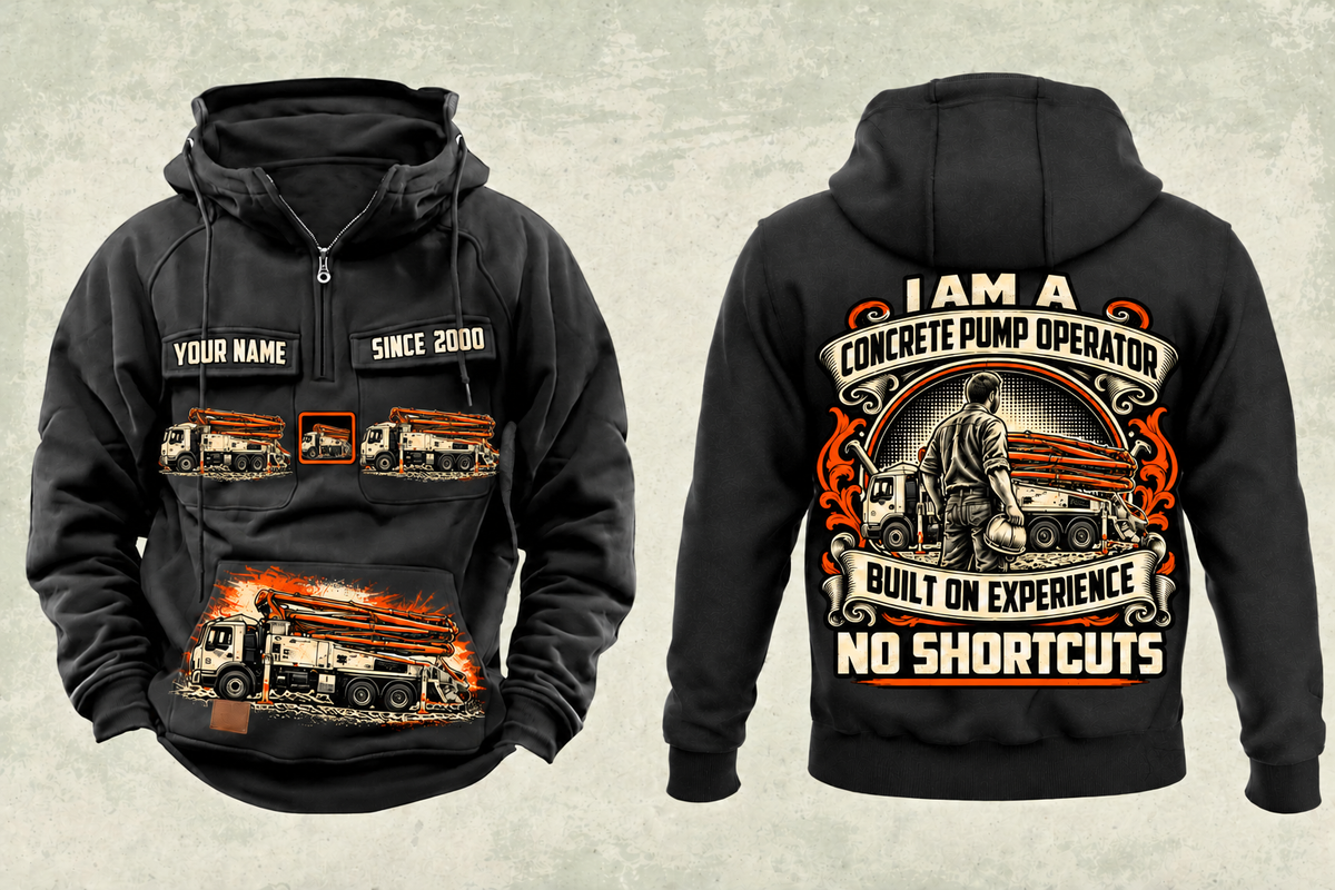 Personalized Putzmeister 38Z-5-Meter Concrete Pump Vintage Hoodie in black, front and back artwork with YOUR NAME and SINCE 2000 sample text.