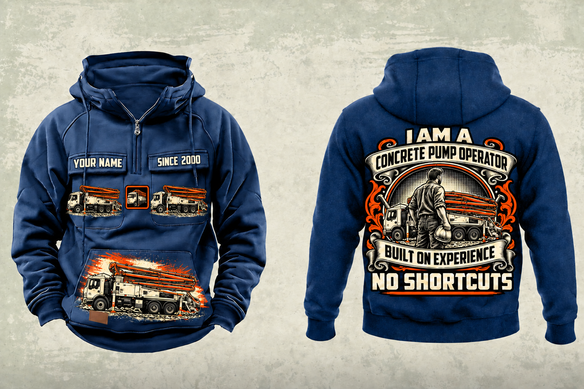 Personalized Putzmeister 38Z-5-Meter Concrete Pump Vintage Hoodie in dark-blue, front and back artwork with YOUR NAME and SINCE 2000 sample text.