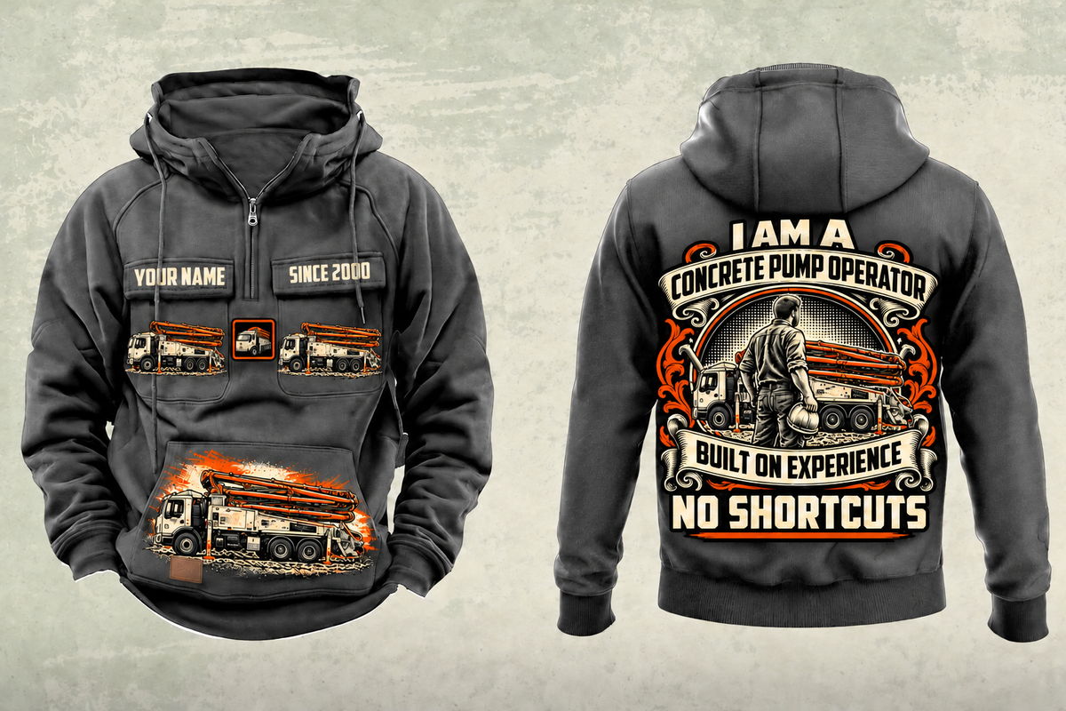 Personalized Putzmeister 38Z-5-Meter Concrete Pump Vintage Hoodie in dark-gray, front and back artwork with YOUR NAME and SINCE 2000 sample text.
