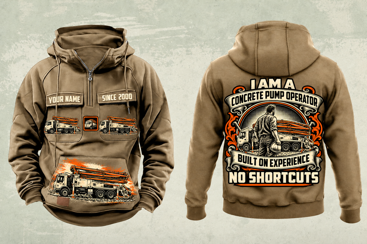 Personalized Putzmeister 38Z-5-Meter Concrete Pump Vintage Hoodie in kaki, front and back artwork with YOUR NAME and SINCE 2000 sample text.