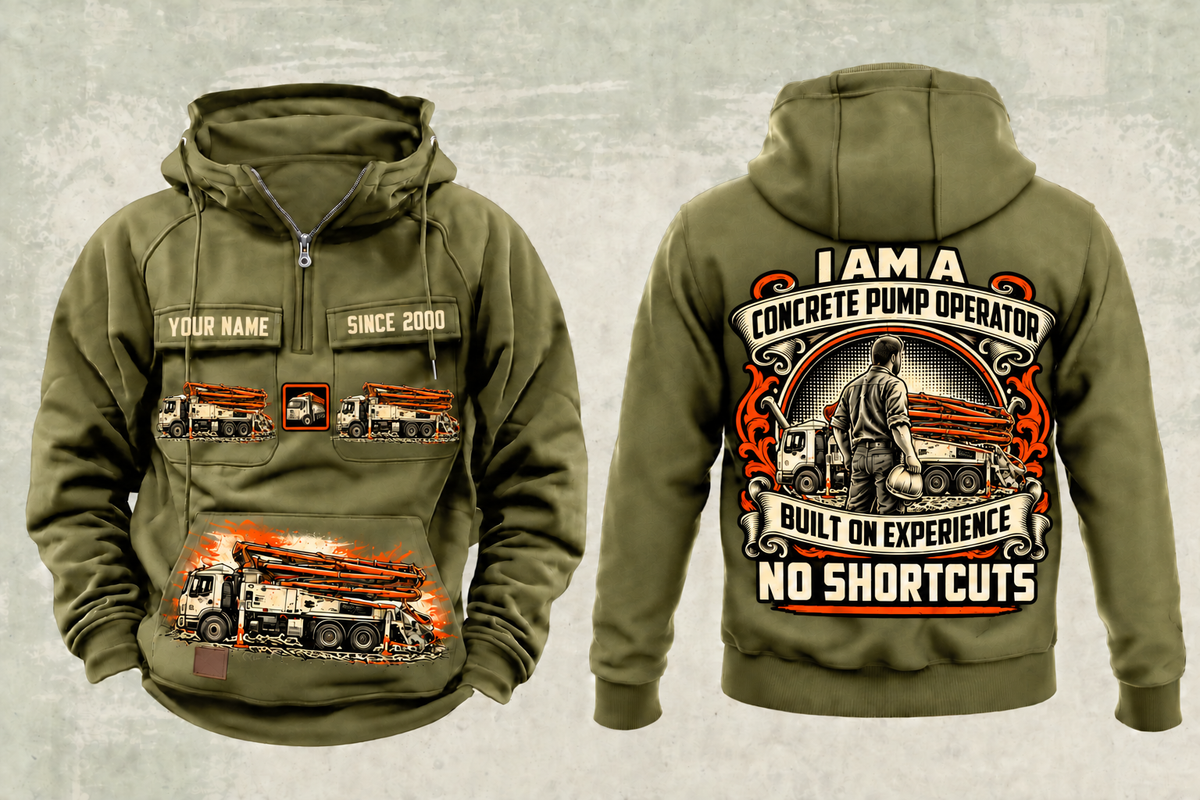 Personalized Putzmeister 38Z-5-Meter Concrete Pump Vintage Hoodie in military-green, front and back artwork with YOUR NAME and SINCE 2000 sample text.